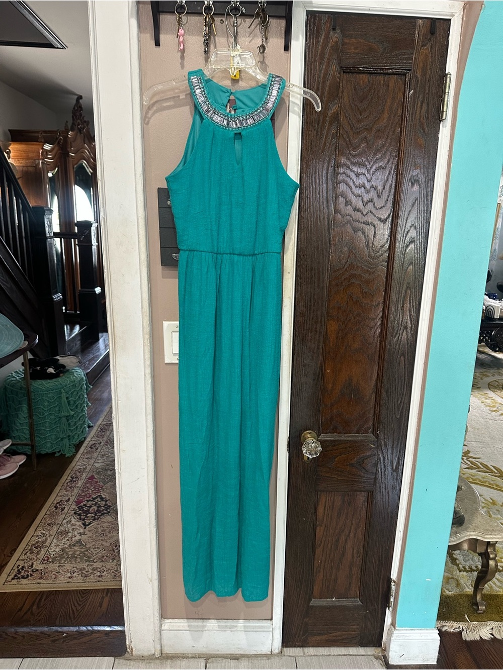Love Reign Teal Halter Maxi with Jeweled Collar